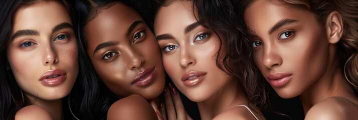 Fototapeta premium Enjoying diverse beauty a confident group of young women with flawless, radiant skin. They exude charm and elegance with trendy and multicultural styles, portraying a modern and vibrant image