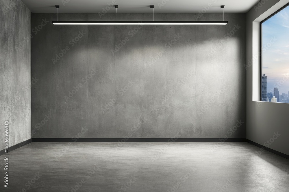 Poster empty modern room with concrete walls and floor, featuring a ceiling light and large window with a c