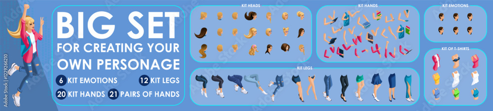 Poster isometric girl character constructor for designed. set various action n7. set of students personages