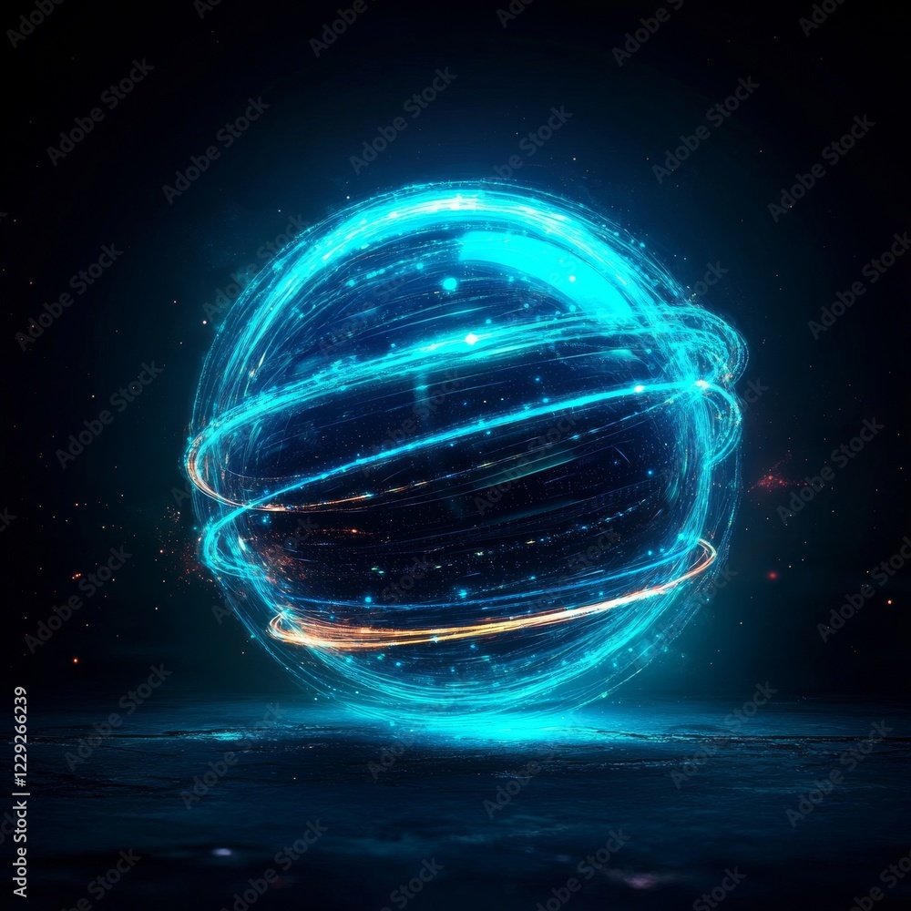 Poster in the realm of 3d rendering, this design presents an abstract sphere with twist lines that glow, fo