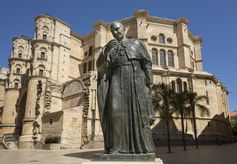 Cathedral, Catedral de la Encarnac&oacute;n, statue Angel Cardinal Herrera Oria, M&aacute;laga, Costa del Sol, Andalusia, Spain, Europe