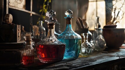 Vintage glass bottles with colorful liquids on wooden table