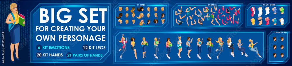 Aufkleber isometric girl characters constructor for designed n3. presentation in various action. set of studen