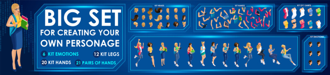 Isometric Girl characters constructor for designed N3. Presentation in various action. Set of Students personages flat style illustration