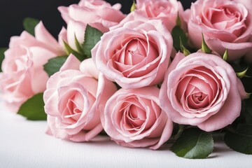 Fototapeta premium Beautiful bouquet of fresh pink roses with green leaves against a dark background, evoking elegance, AI generated