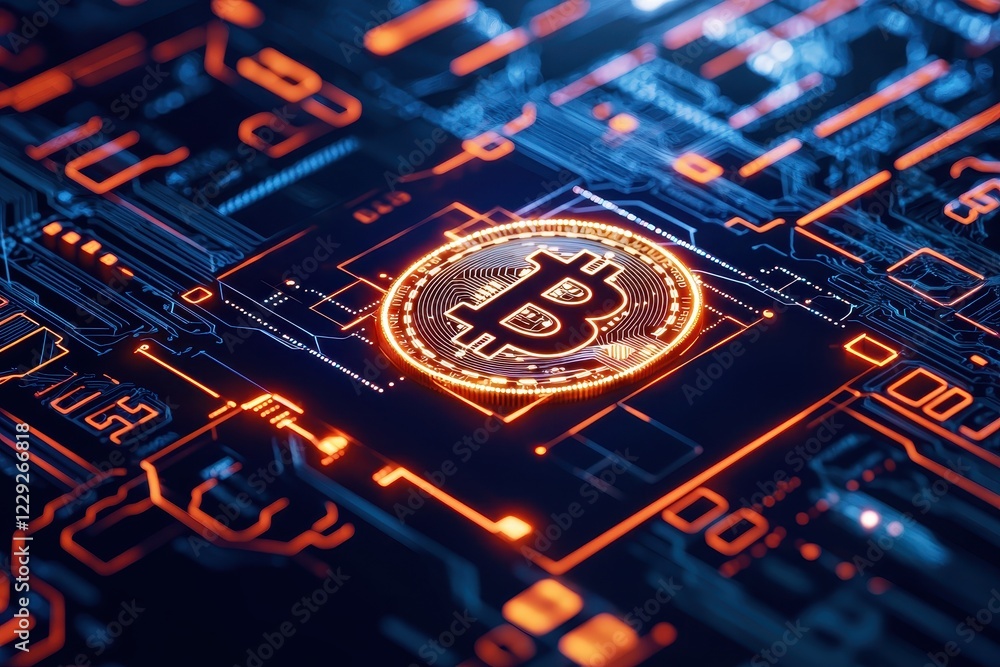 Poster a glowing bitcoin symbol on a futuristic digital circuit board, highlighting the intersection of cry
