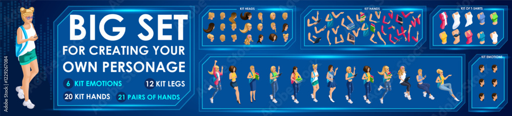 Poster isometric girl characters constructor for designed n6. presentation in various action. set of studen