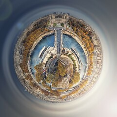 Aerial Paris as a micro planet in space. Sightseeing city panorama in shape o a globe with view to Seine river, Trocadero area and La Defense metropolitan district, France, Europe