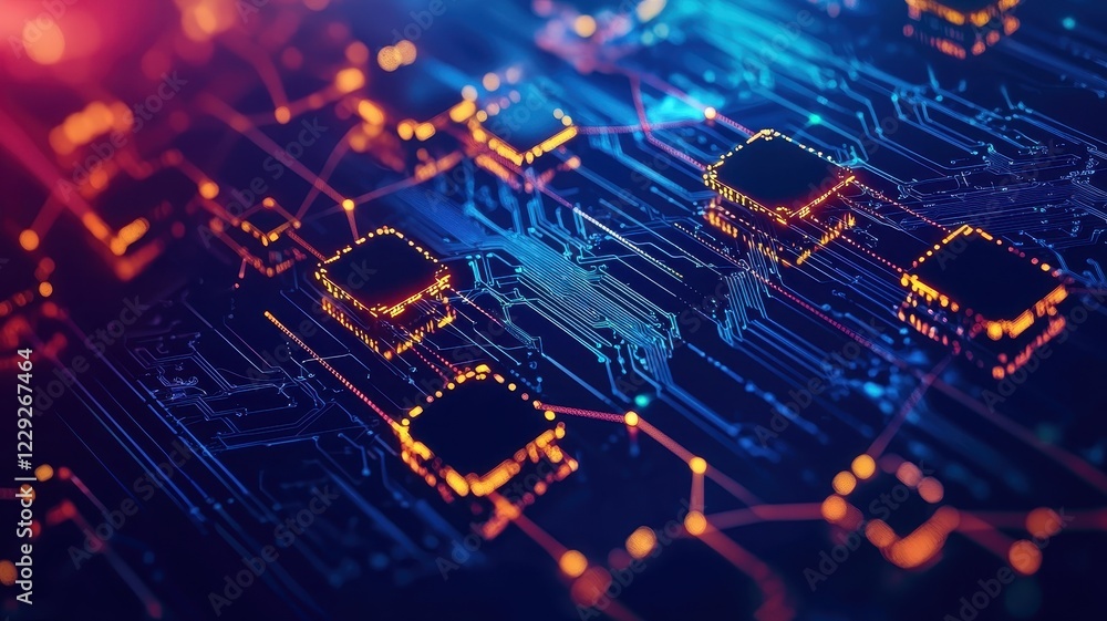 Poster a vibrant, close-up view of a digital circuit board with glowing components, illustrating advanced t