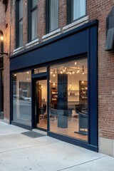 Fototapeta premium A contemporary storefront elegantly highlights interior design features, creating a chic atmosphere that shines beautifully during the twilight hours in the city