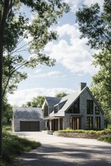 Obraz premium A contemporary stone house gracefully nestled amidst vibrant greenery, situated within a tranquil landscape that boasts a brilliant blue sky above