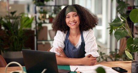 Laptop, online order and portrait with woman in flower shop for sale of floral arrangements....