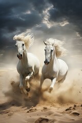 Obraz premium White stallion horses fighting on the beach, AI generated