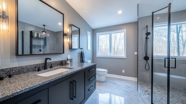 Modern high-end bathroom with a floating granite vanity, illuminated mirror, and sleek black fixtures for a bold aesthetic.