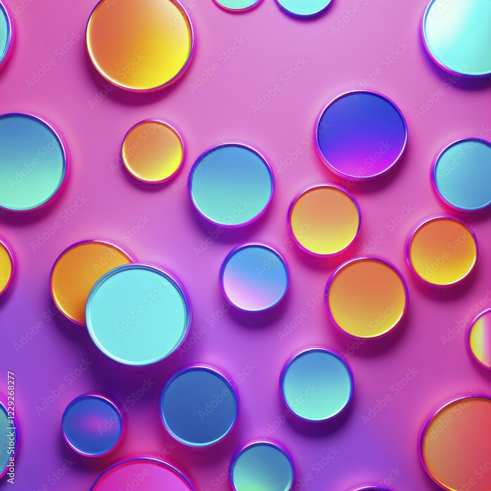 Poster glossy colorful circles with gradient hues on a bright pink background creating a futuristic and vib