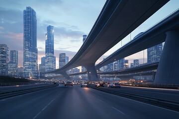 Fototapeta premium A busy asphalt road under a large bridge, with a futuristic city and glass skyscrapers illuminated in the soft light of the late afternoon sun.