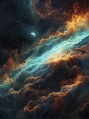 A cosmic abstract scene with colorful swirling clouds, stars, and a dark, vibrant celestial atmosphere, AI generated