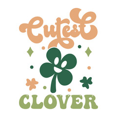 Adorable St. Patrick's Day Cutest Clover Typography Design with Smiling Four-Leaf Clover Sparkles and Shamrocks