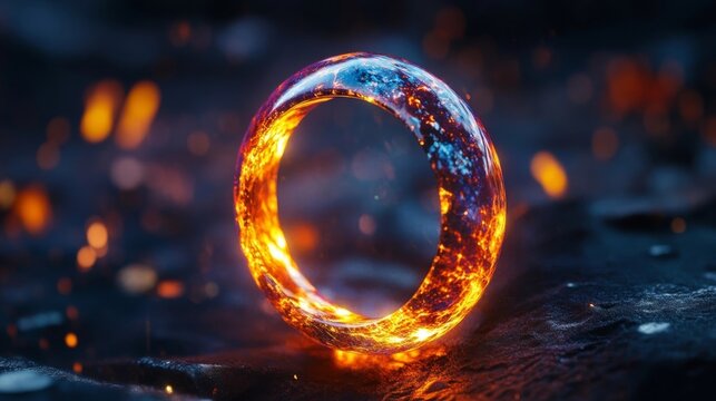Glowing ring of molten lava surrounded by volcanic rocks at dusk