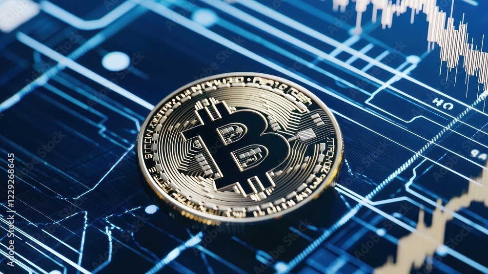 Poster a close-up of a bitcoin on a digital background, symbolizing cryptocurrency and blockchain technolog