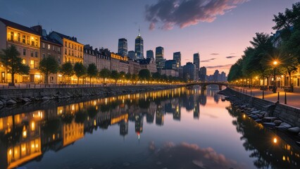 Fototapeta premium A cityscape reflected in a calm river at dusk.