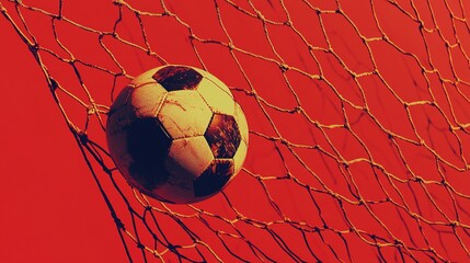 Soccer ball in net with Soccer ball in goal on red background