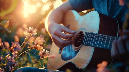 Naklejka premium Acoustic guitar being played outdoors in warm sunlight