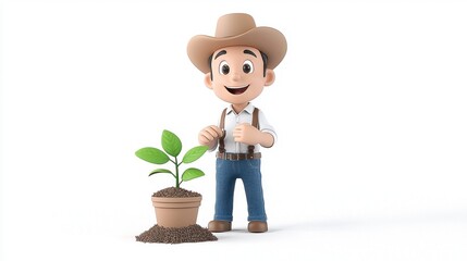 A cheerful animated farmer stands beside a young plant in a pot, promoting gardening and environmental care.