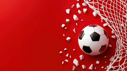 Soccer ball in net with Soccer ball in goal on red background