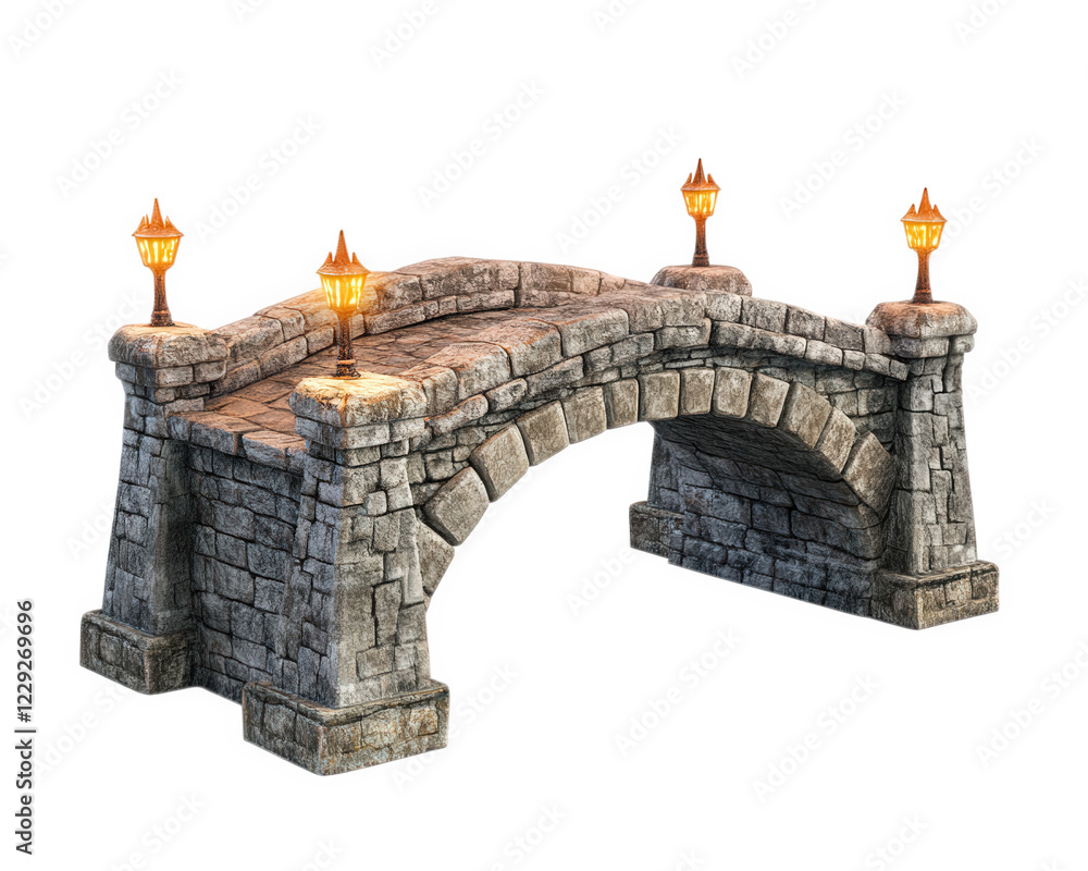 Poster medieval stone bridge with torches illuminating its edges, creating warm and inviting atmosphere. st