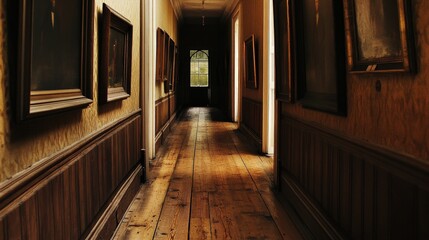 hallway in an old manor house, where the wooden floor creaks with each step and antique paintings hang on the walls.