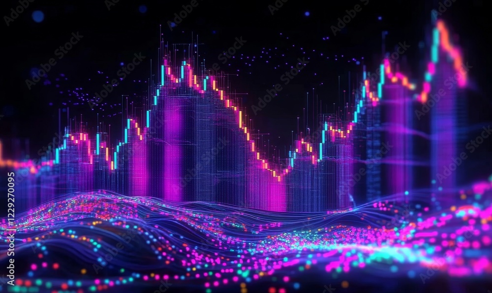 Poster vibrant forex chart with digital data, candlestick patterns and neon financial graph on dark backgro