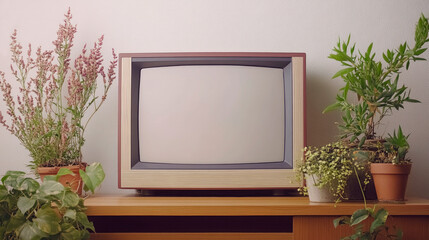 Retro old tv on wooden table with home plants.