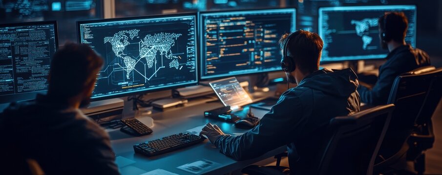 Cybersecurity team analyzing ai security threats tech lab digital
