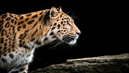 Obraz premium A leopard in profile with an intense gaze, ready to move. Detailed fur with contrasting spots emphasizes its predatory grace. Black background.
