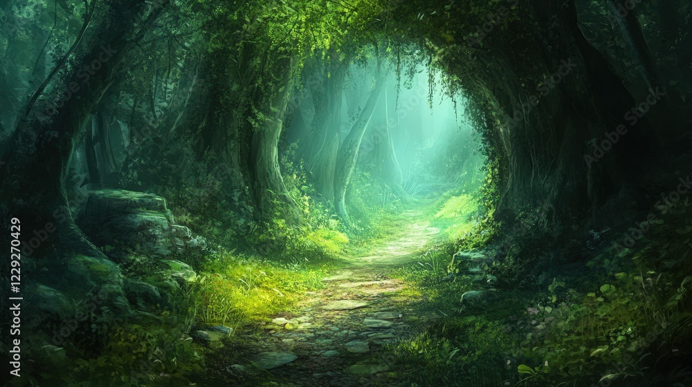 Poster overgrown path leading into a hidden forest glade.