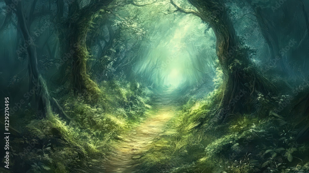 Poster overgrown path leading into a hidden forest glade.