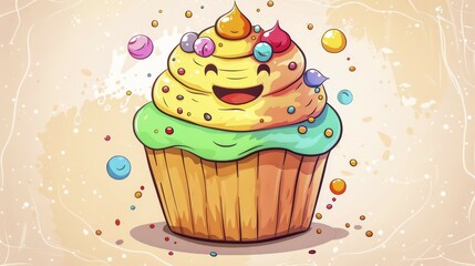 A cheerful animated cupcake with a colorful cream topping, surrounded by bubbles and sprinkles, AI generated