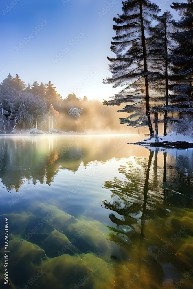 Poster ai generated illustration of a serene lake with reflections on the surface replaced with shimmering 