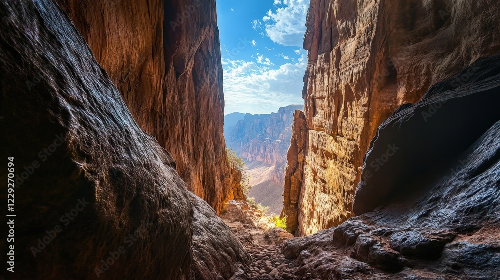 Poster passage between two mountain peaks, where the view opens up dramatically on one side.