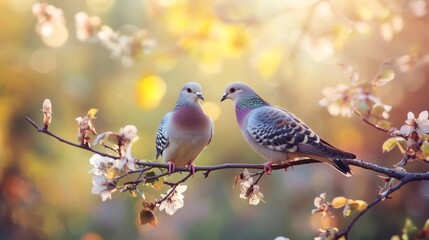 Two beautiful birds perched on a blooming branch during a sunny spring morning in a peaceful garden setting