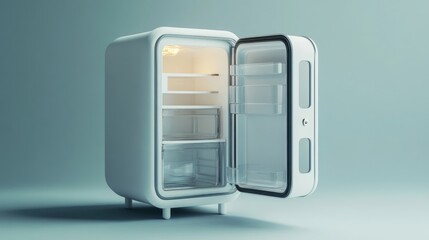 Compact refrigerator with open door showcasing interior storage compartments in a modern setting
