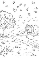 Autumnal Countryside Scene Coloring Page . Children coloring page