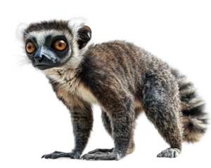 Baby monkey with a black nose and brown fur stands on a white background