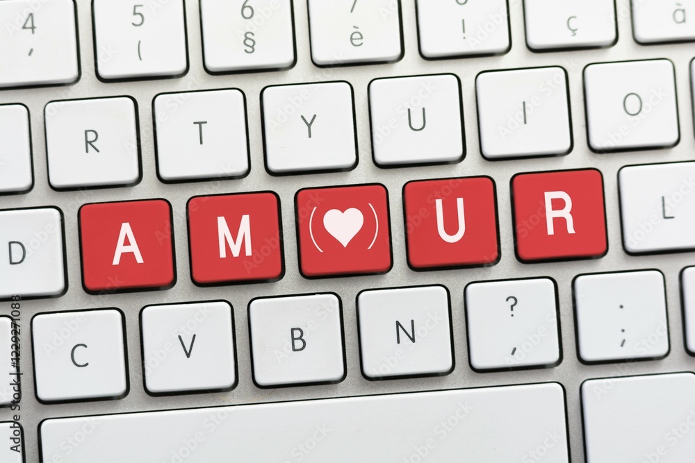 Poster amour writing on white keyboard with a heart sketch with parenthesis