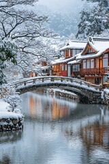 Fototapeta premium Snowy Japanese village, bridge, canal, winter evening, calm atmosphere