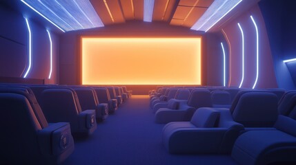 Subtle ambient lighting and a glowing blank screen illuminate a 3D-rendered cinema hall, arranged neatly to create a futuristic minimalist setting.