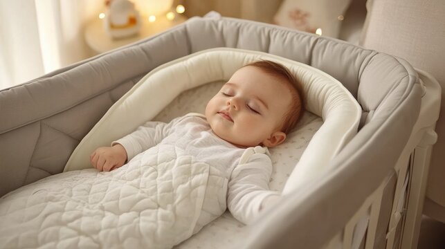 Baby sleeping in co-sleeper crib attached to parents bed