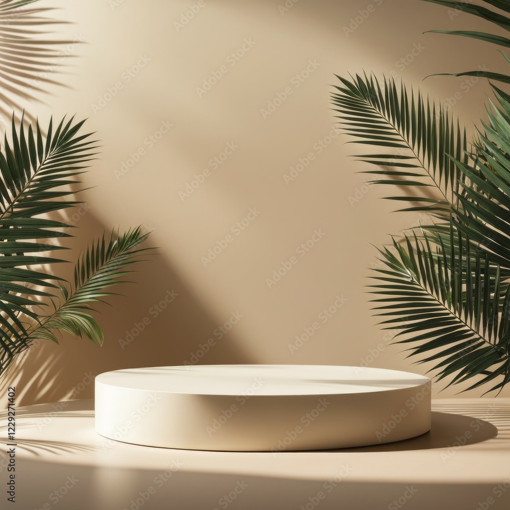 Poster calming beige setting with round podium and lush palm leaves casting shadows, creating a serene and 
