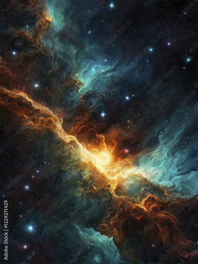 Poster an abstract cosmic scene with colorful nebulous clouds, stars, and dynamic swirling patterns in spac